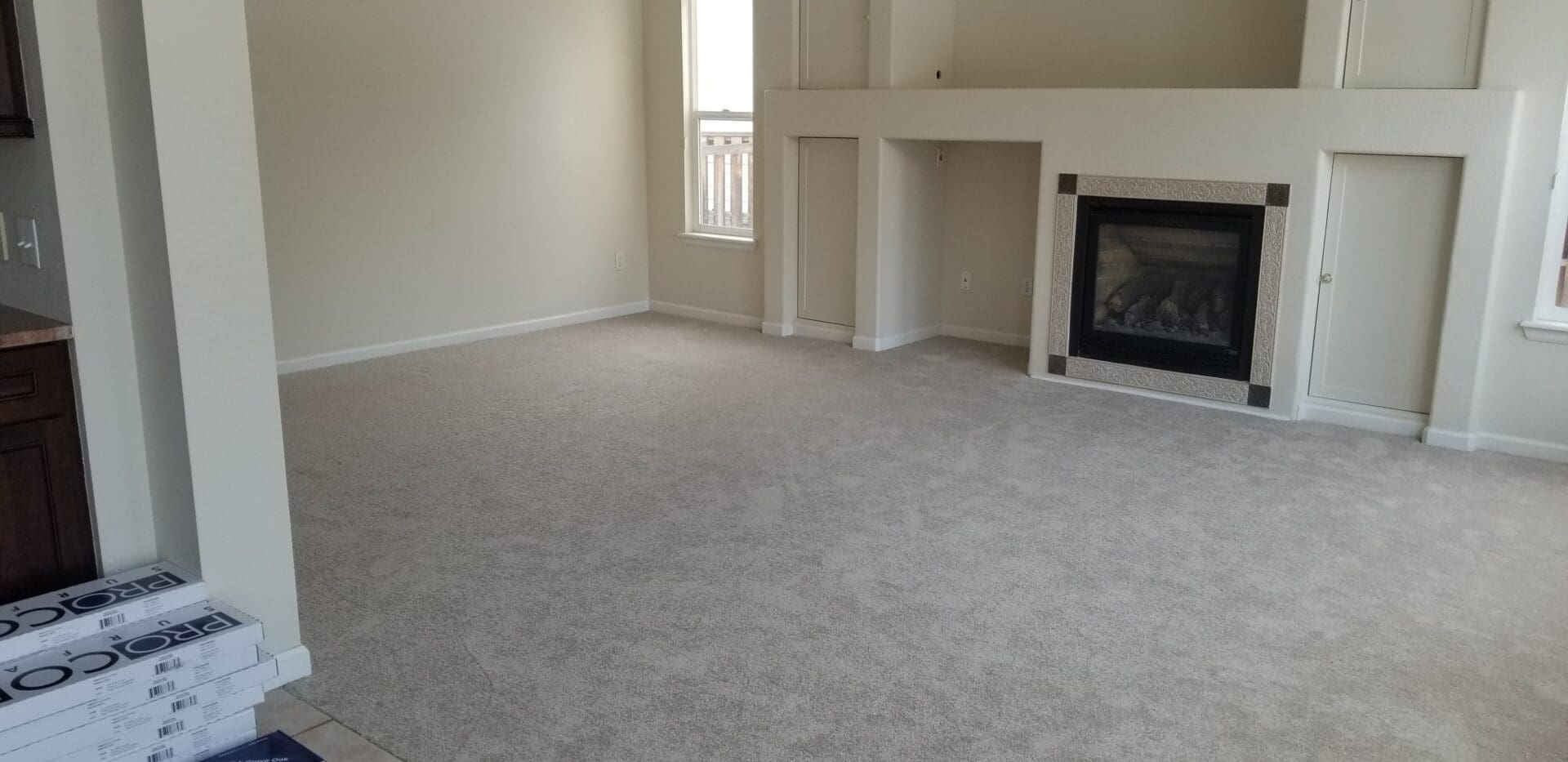 A living room with white carpet and fireplace.